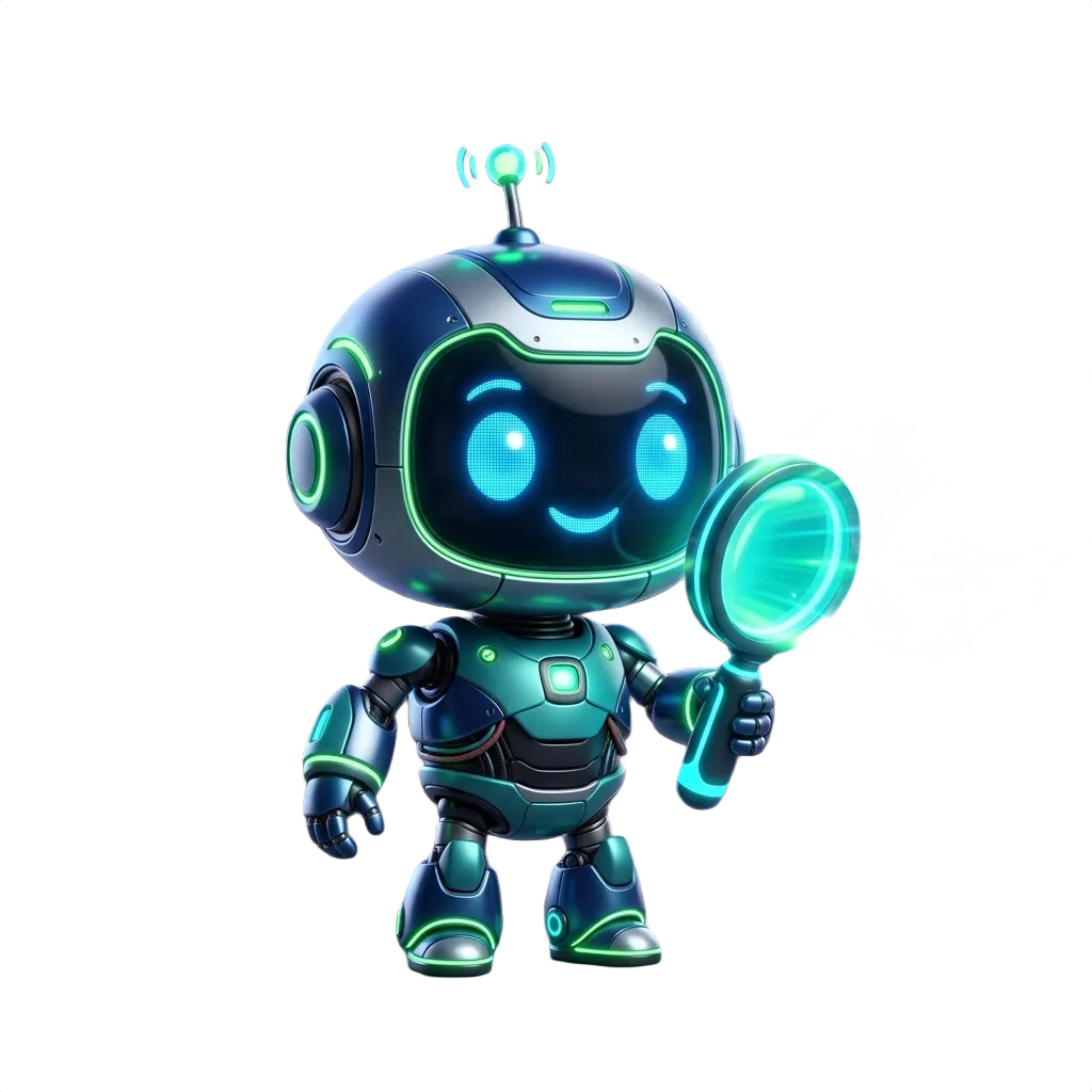 AI OCR Multi-Engine Pipeline 3D mascot - cyber detective robot with antenna and high-tech laser magnifying glass
