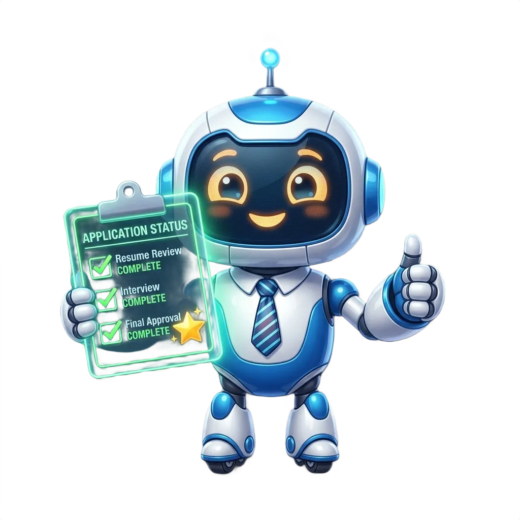 ApplyMate AI Job Assistant 3D mascot - helper robot with necktie holding glowing job application checklist and thumbs up