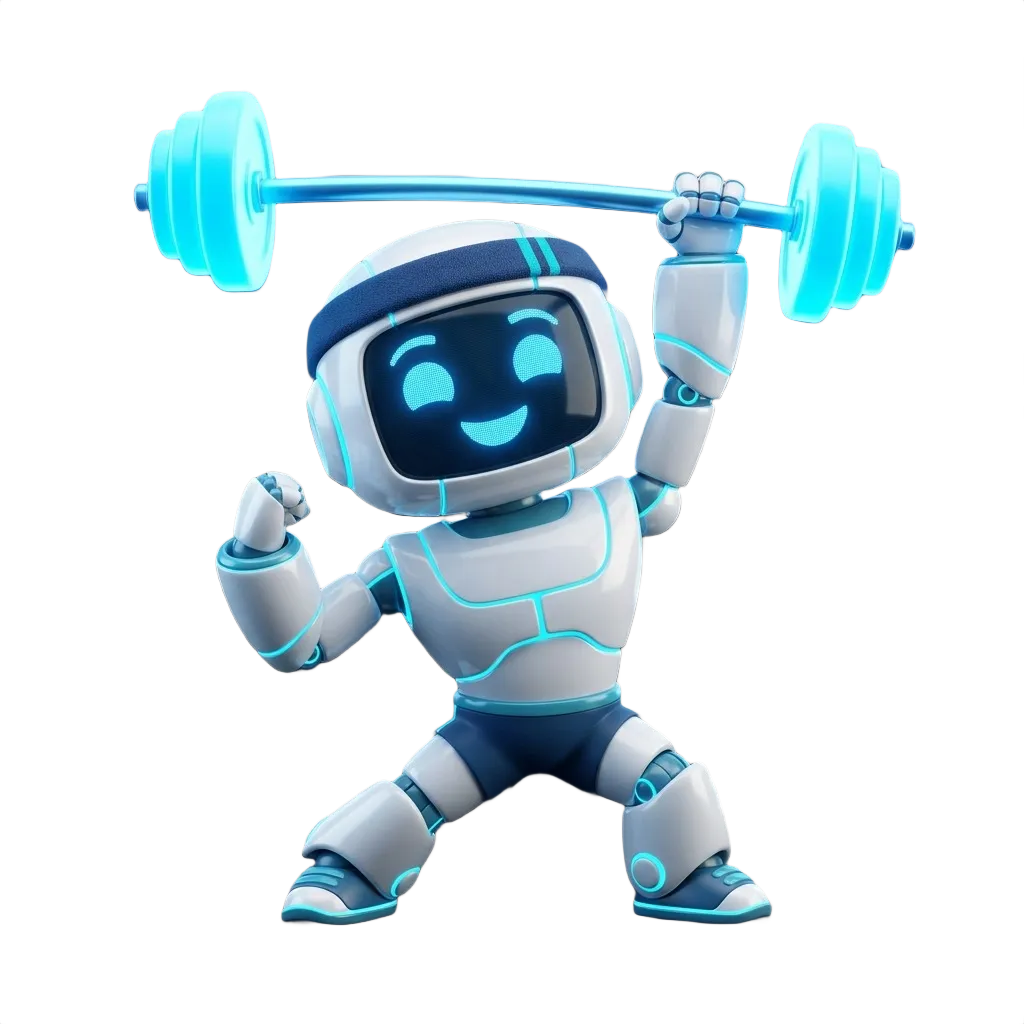 Elevate Fitness AI Form Correction 3D mascot - athletic chibi robot trainer lifting glowing neon blue dumbbell with perfect posture