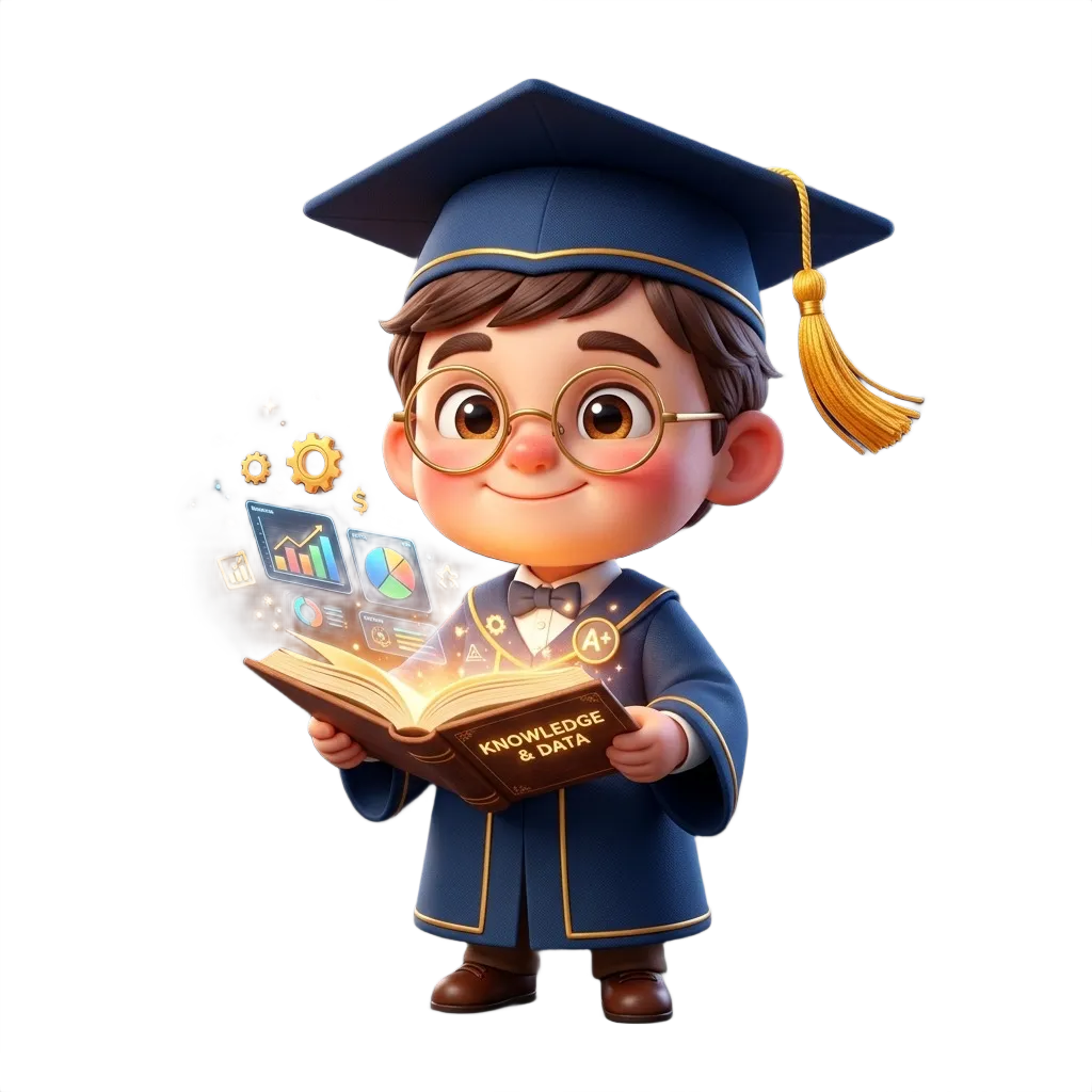 ERP Academy Enterprise Learning 3D mascot - scholar professor wearing graduation cap holding open glowing digital knowledge book