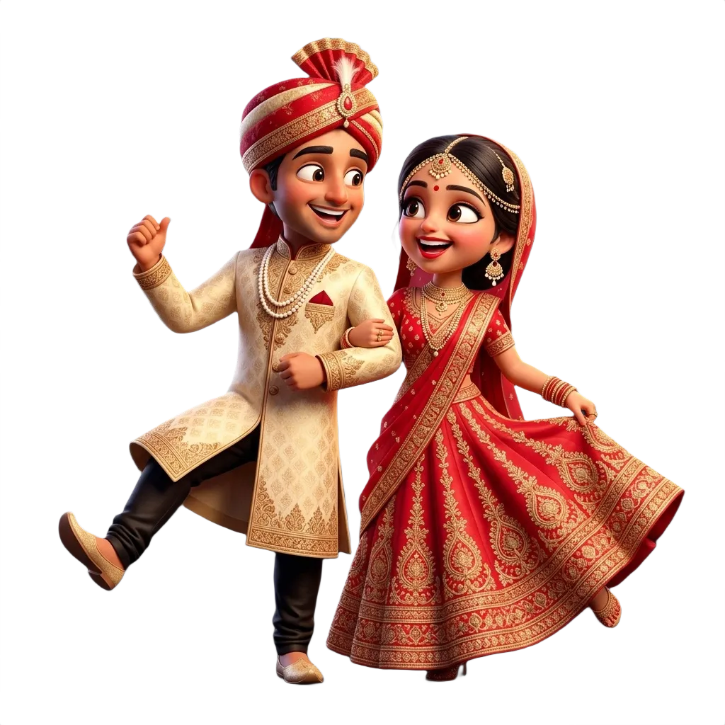Event Sarathi MERN Marketplace 3D mascot - cute Indian wedding couple joyfully dancing in traditional royal sherwani and red lehenga