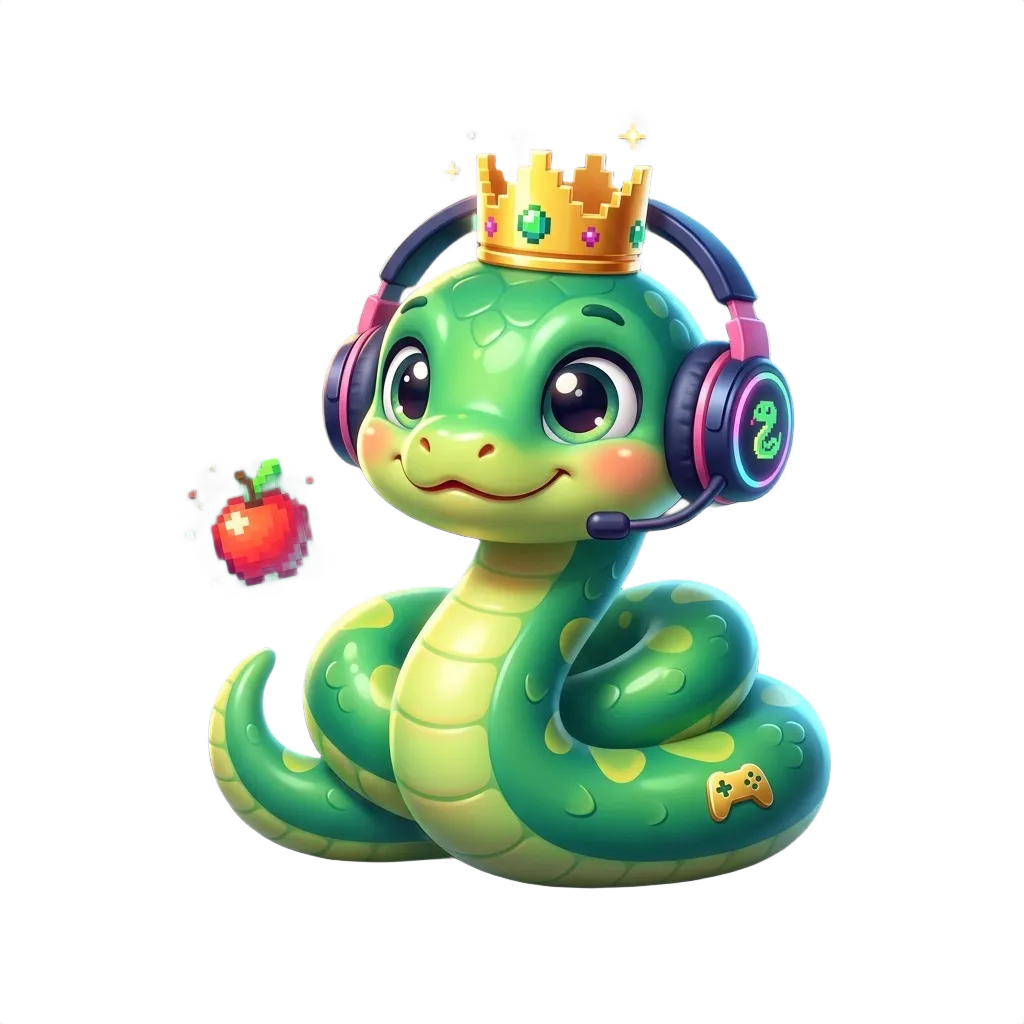 Pythonic Retro Arcade Snake Game 3D mascot - cute green snake wearing golden pixel arcade crown and gamer headphones
